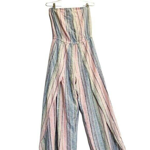 Drew Strapless Jumpsuit Split Hem Striped Linen Blend SZ xs NWT rainbow - Picture 7 of 11